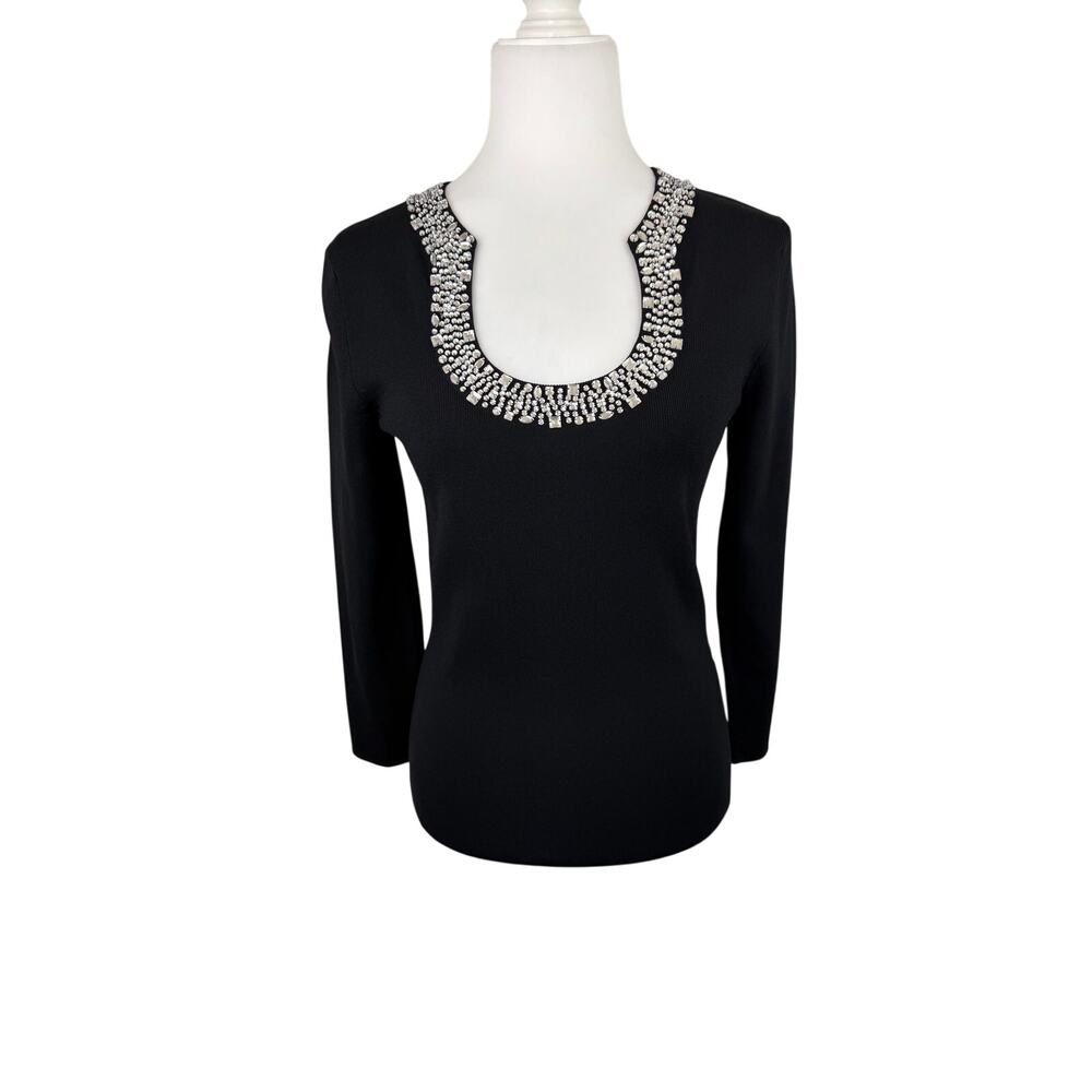 Boston Proper Stone Jeweled Embellished Black Scoop Neckline Sweater Top